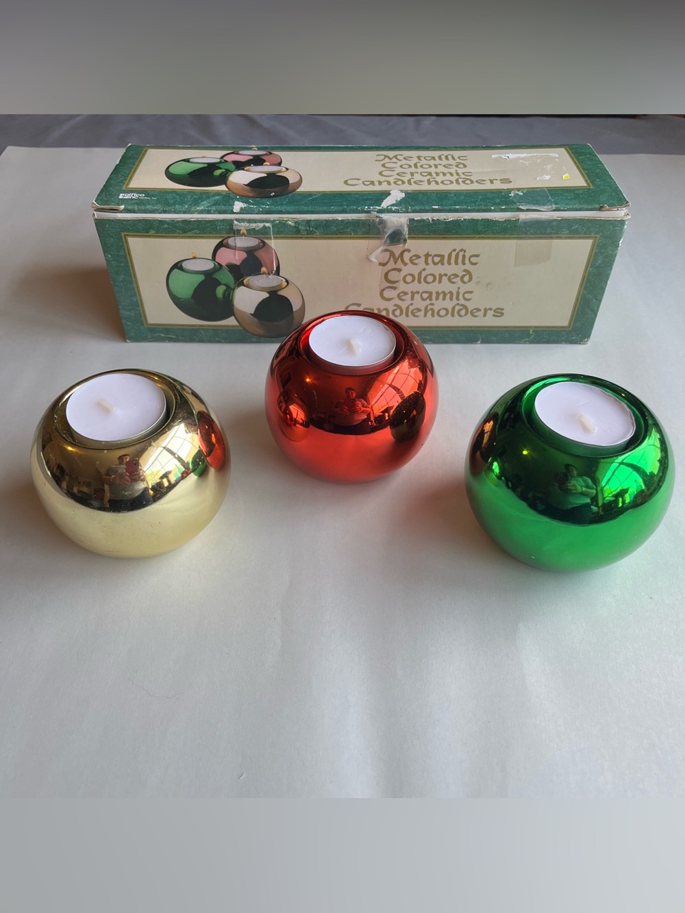 Vintage Giftco Metallic Colored Ceramic Candleholders - Set of 3 Boxed